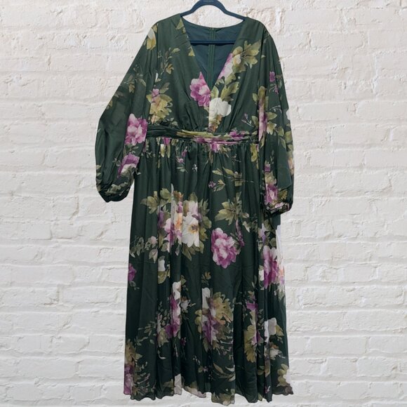 Flycurvy Dresses & Skirts - 4X (FITS LIKE A 3X) Green Chiffon Floral Print Lantern Sleeve Maxi DressNWT